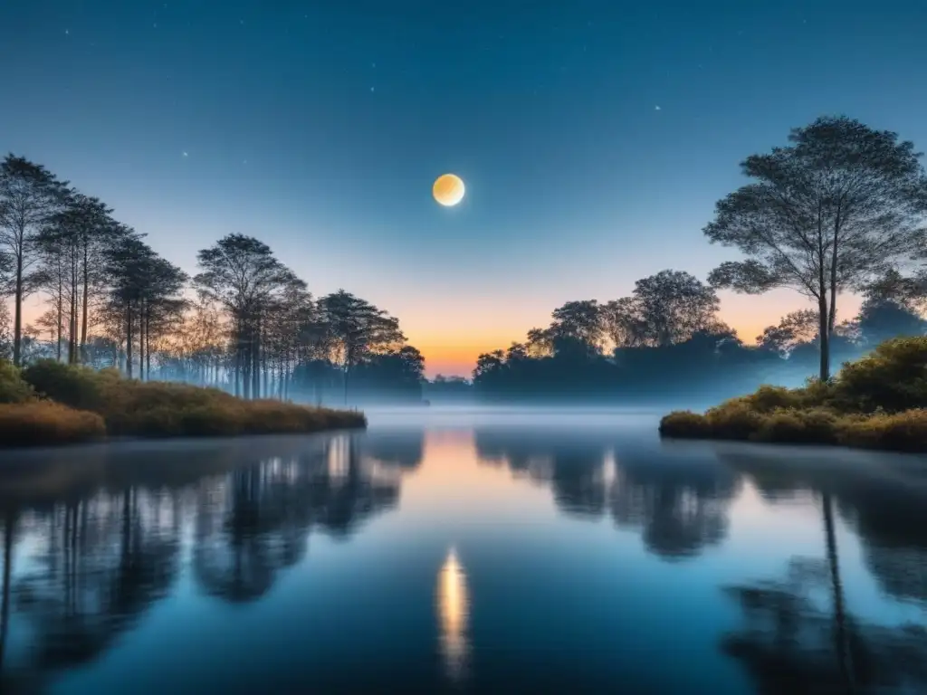 Escena nocturna serena con estrellas brillantes sobre un lago en calma, rodeada de árboles
