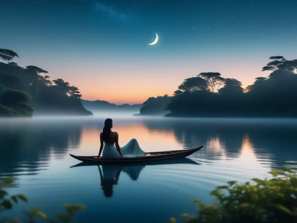 Escena nocturna serena con luna creciente brillante sobre agua tranquila, reflejando la luz