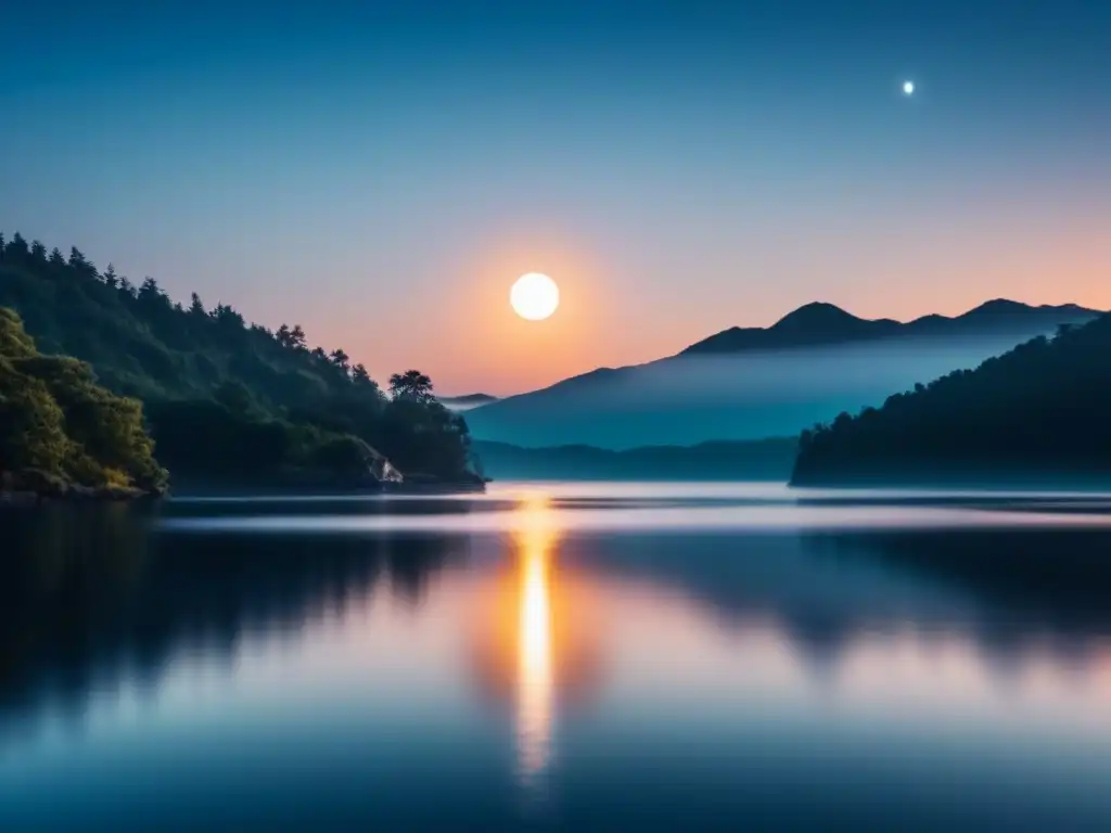 Escena nocturna serena: luna llena sobre agua tranquila Escena nocturna tranquila con cielo estrellado, luna llena sobre agua calmada