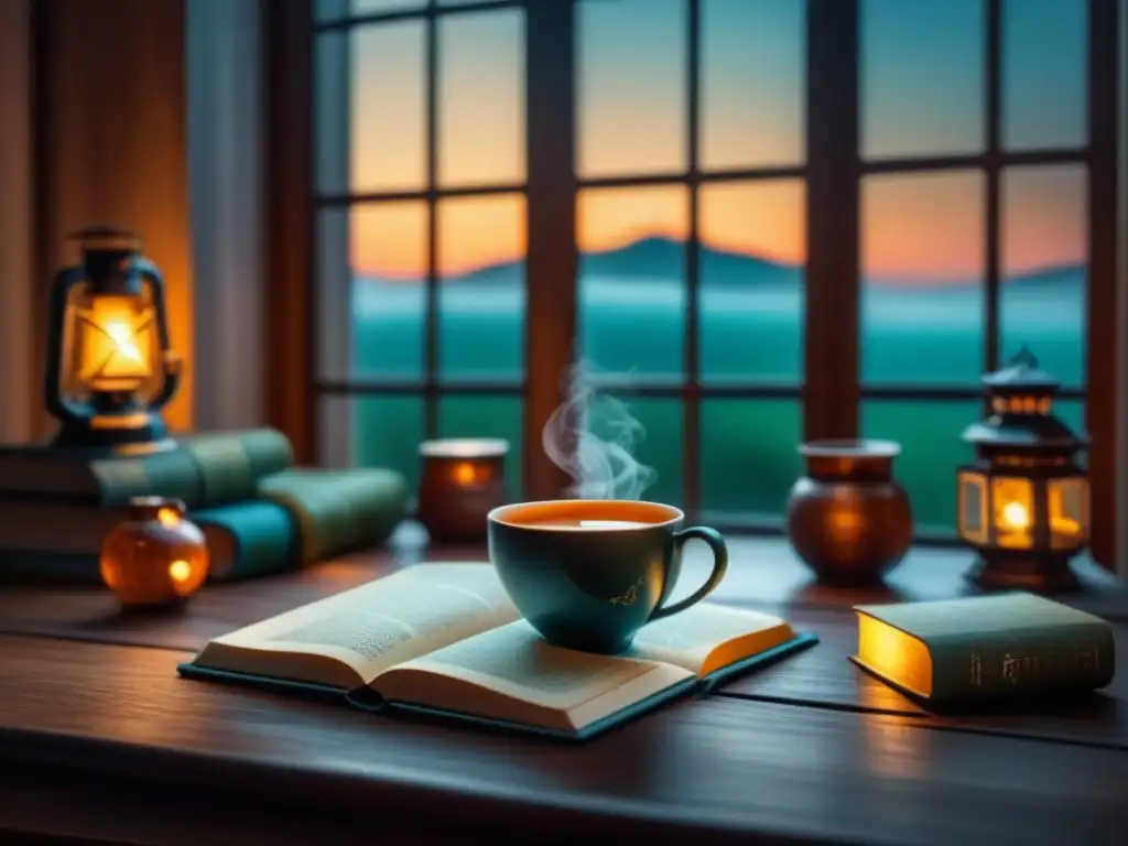 Escena nocturna relajante con té de hierbas y diario Escena nocturna tranquila con taza de té herbal caliente en mesa de madera, rodeada de linternas brillantes y un diario con pluma