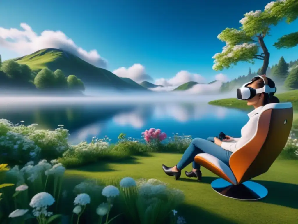 Escena de realidad virtual para relajación en casa: prado sereno, lago tranquilo y auriculares VR en silla moderna rodeada de naturaleza exuberante