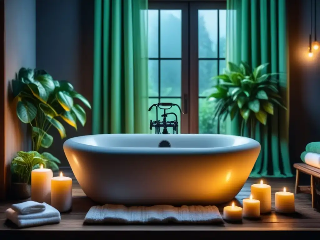 Spa en Casa: Baño Relajante con Bañera de Burbujas y Velas Escena relajante de un baño con bañera llena de burbujas, velas, plantas verdes y toallas suaves