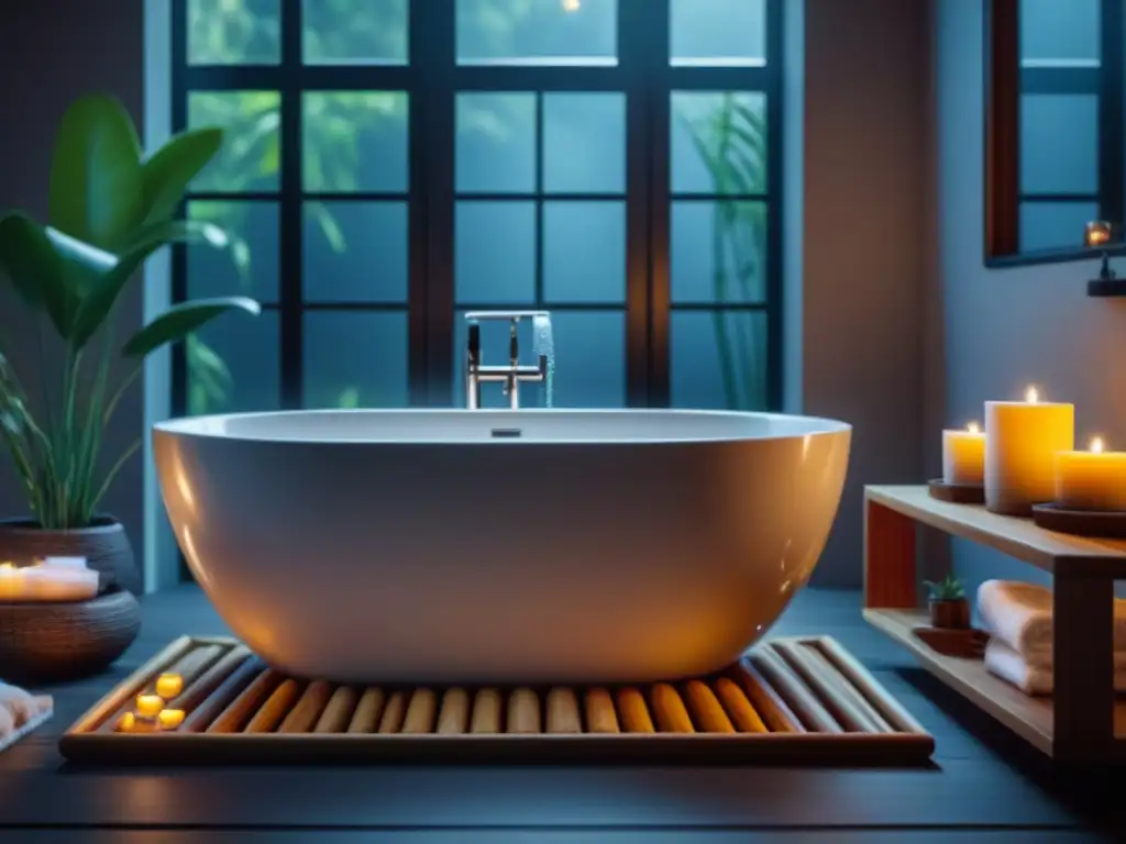 Escena relajante de baño en casa con bañera llena de burbujas, velas y toalla blanca