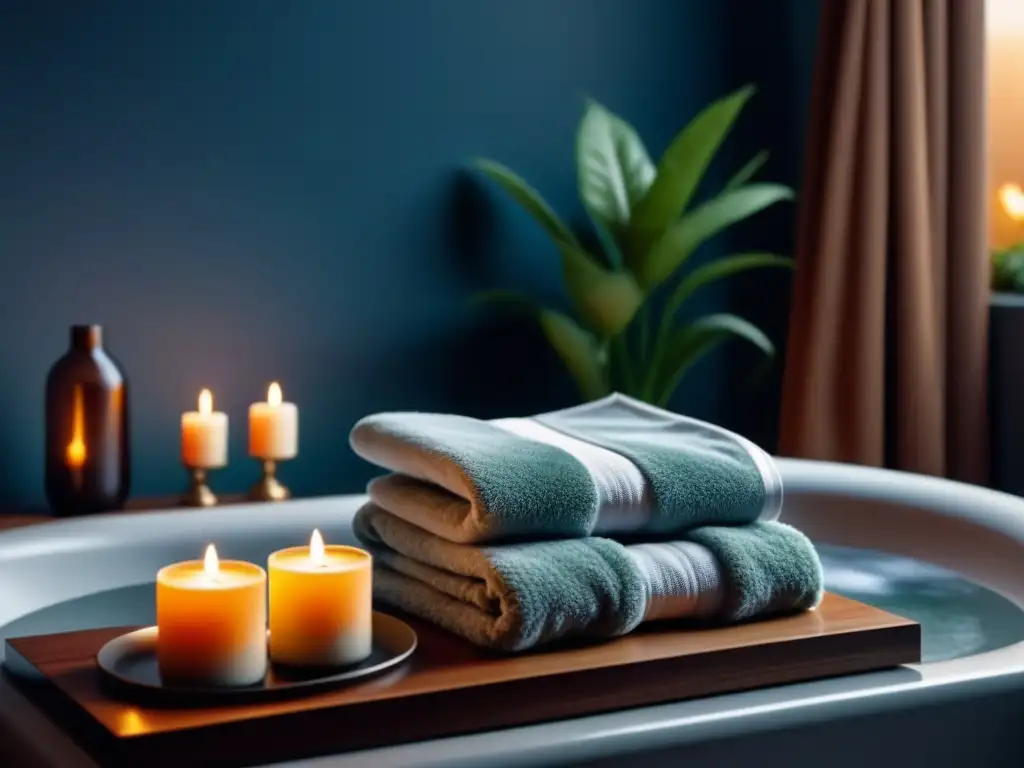 Escena relajante: baño moderno con bañera de burbujas, velas y libro Escena relajante en casa con meditación: baño moderno con bañera, velas, bata y té de hierbas