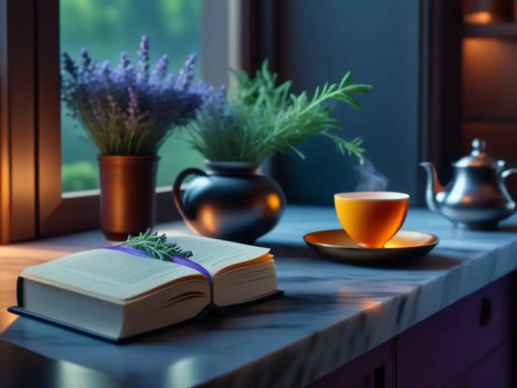 Cocina minimalista con lavanda: inspiración culinaria y relajación Escena relajante en cocina minimalista con lavanda: libros, té y luz solar