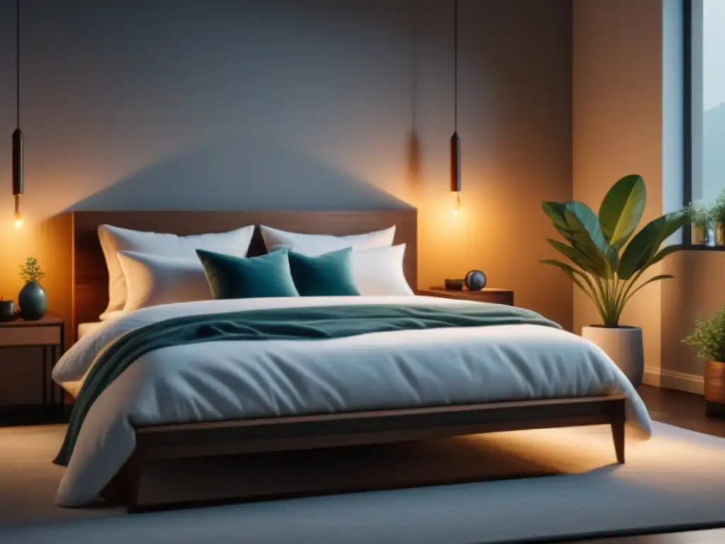 Refugio de serenidad: ambiente acogedor con iluminación inteligente Escena relajante con luces inteligentes para hogar relax, iluminación cálida en dormitorio minimalista