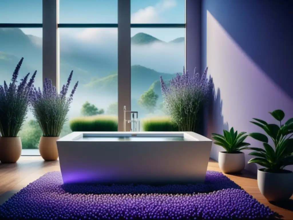 Spa minimalista con bañera de lujo y burbujas de lavanda Escena relajante en spa: bañera lujosa con burbujas de lavanda, iluminación suave y plantas verdes