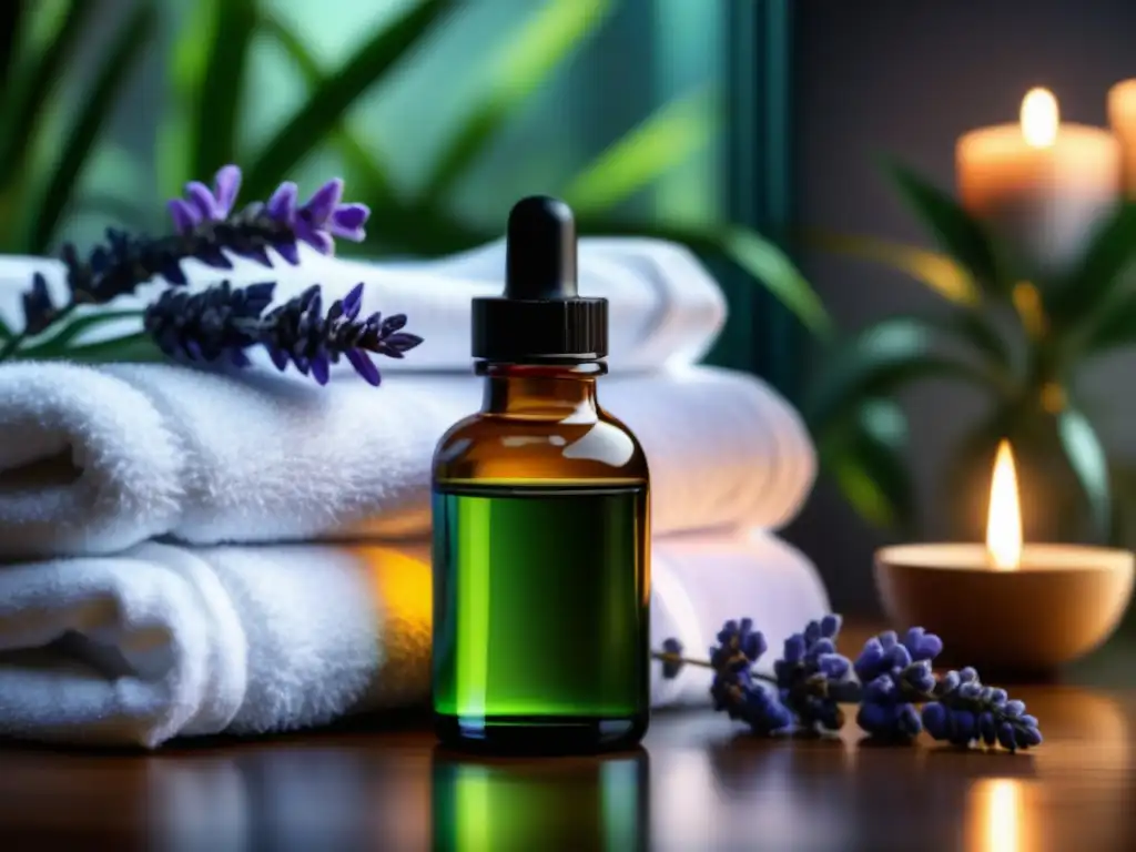 Spa de lujo con aceite de lavanda: relajación en casa Escena relajante en spa con aceites esenciales relajantes y toallas blancas esponjosas