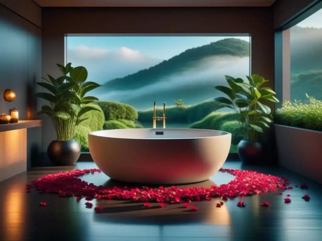 Spa minimalista: baño de lujo con pétalos de rosa y estilo moderno Escena relajante de spa en casa con bañera y pétalos de rosa