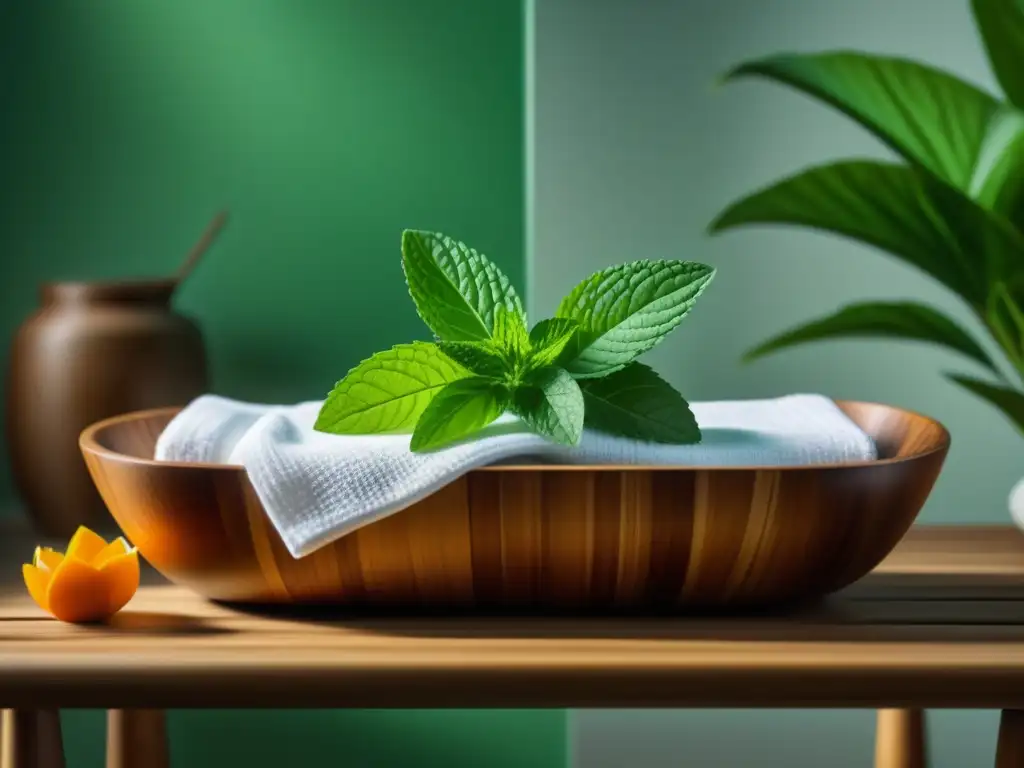 Escena relajante en un spa casero con bañera de madera, raíces de cúrcuma y ambiente sereno