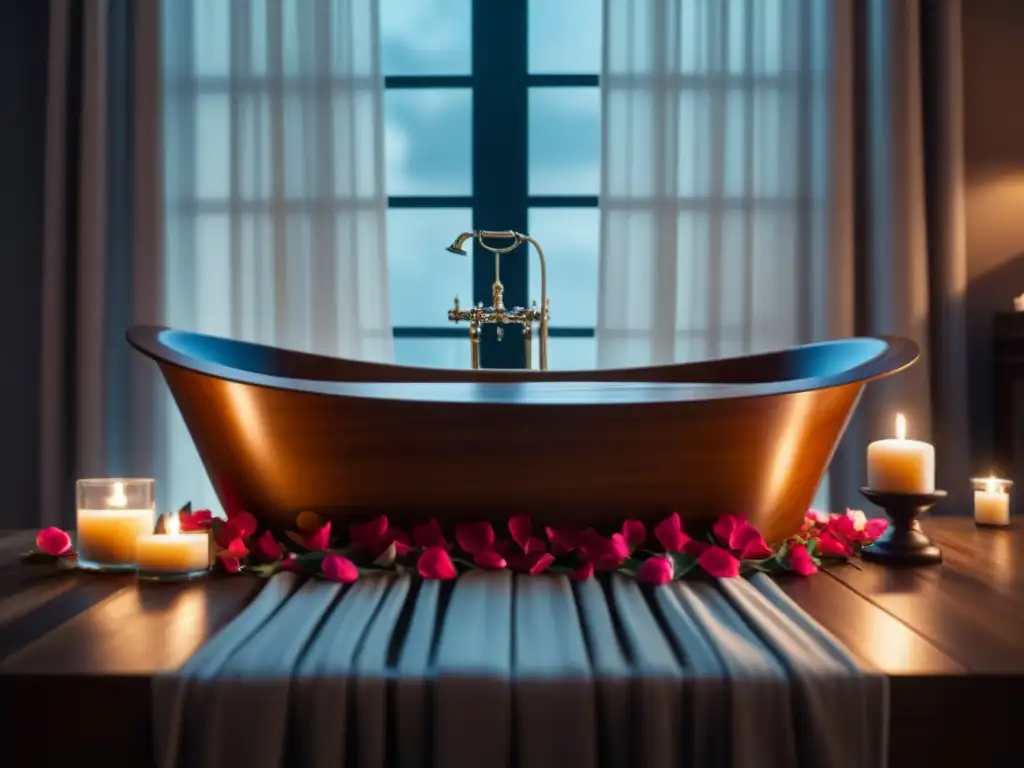Spa en casa: bañera de madera y pétalos de rosa Escena relajante en spa casero con bañera de madera, pétalos de rosa, velas y toallas