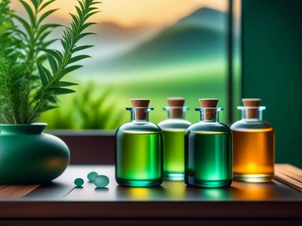 Una escena relajante en un spa con difusor de aceites rodeado de botellas pastel