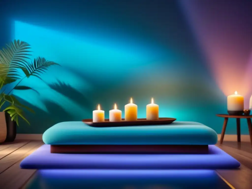Escena relajante en spa: mesa de masajes en ambiente minimalista, luces pastel y plantas verdes