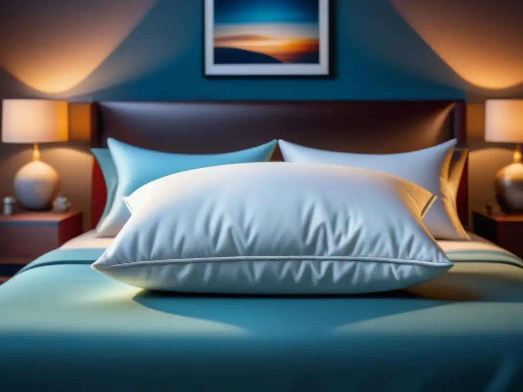 Tranquilidad y confort: Almohada de viaje en dormitorio minimalista Una escena serena con almohadas de viaje para relax en una cama minimalista y acogedora