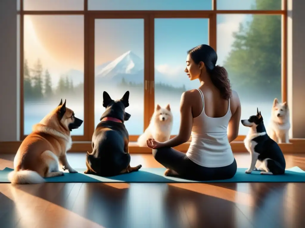 Terapia con perros tranquilos: compañía serena en sala luminosa Una escena serena y armoniosa de una persona rodeada de perros terapéuticos, transmitiendo los beneficios de la Pet Therapy