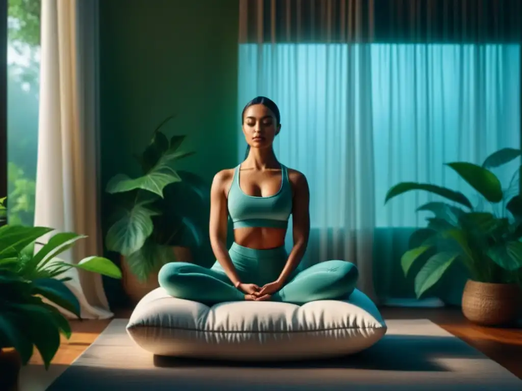 Serena meditación en casa: conexión con la naturaleza Una escena serena de meditación en casa, con una persona sentada en un cojín rodeada de plantas verdes y luz natural