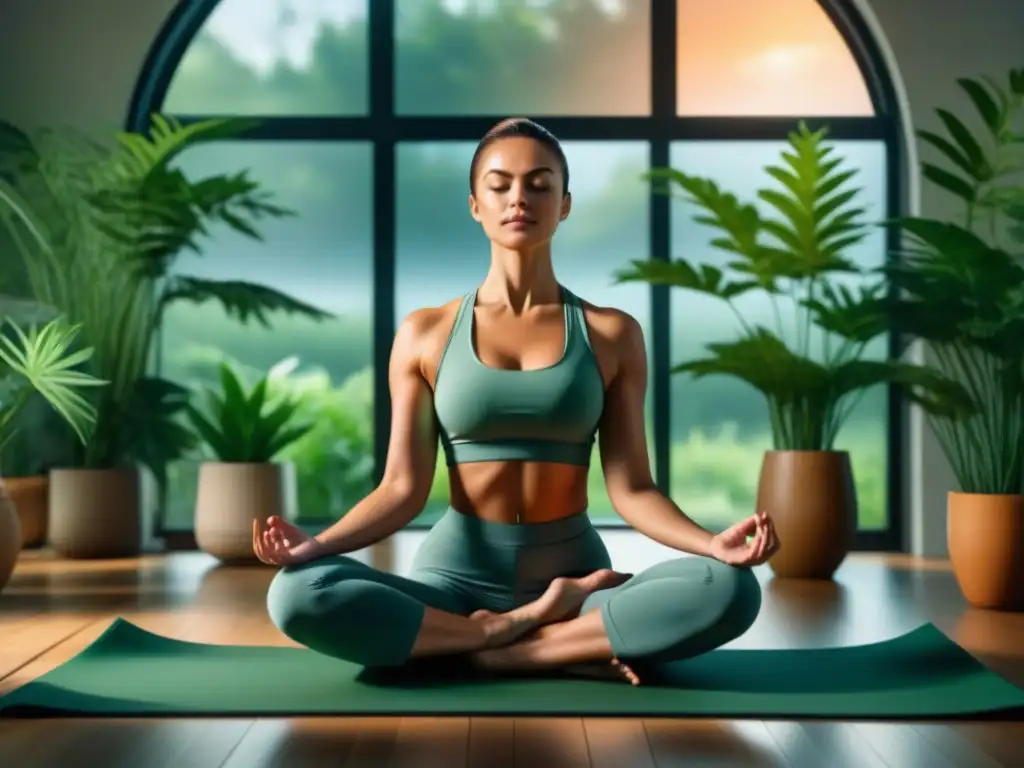 Una escena serena de meditación en casa, con una persona en postura de loto rodeada de plantas y luz natural