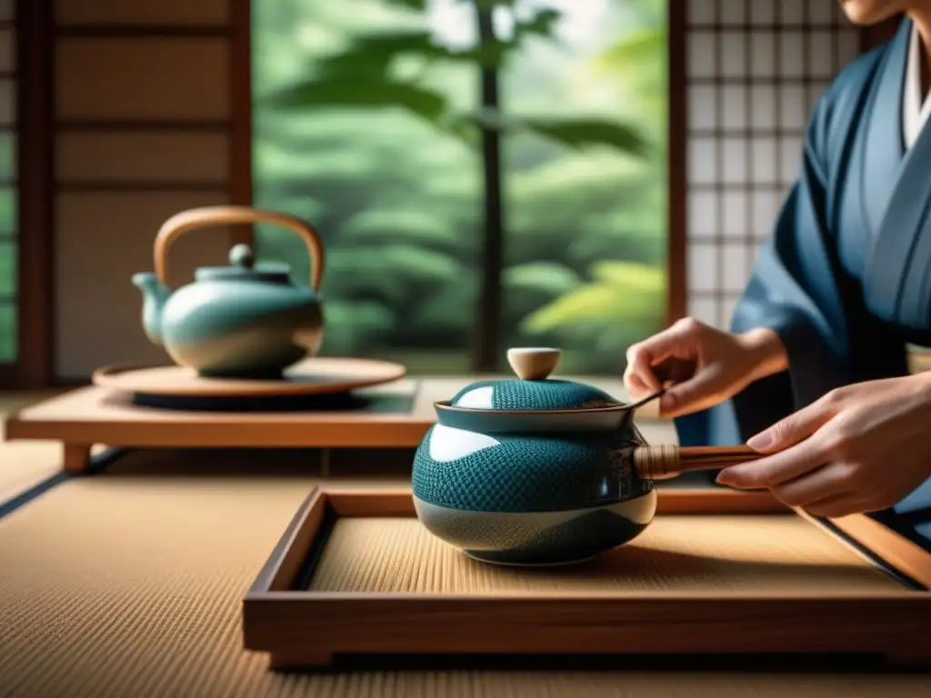 Serena ceremonia del té japonés en tatami: imagen 8k Escena serena de ceremonia japonesa del té en sala tatami con juego de té de porcelana