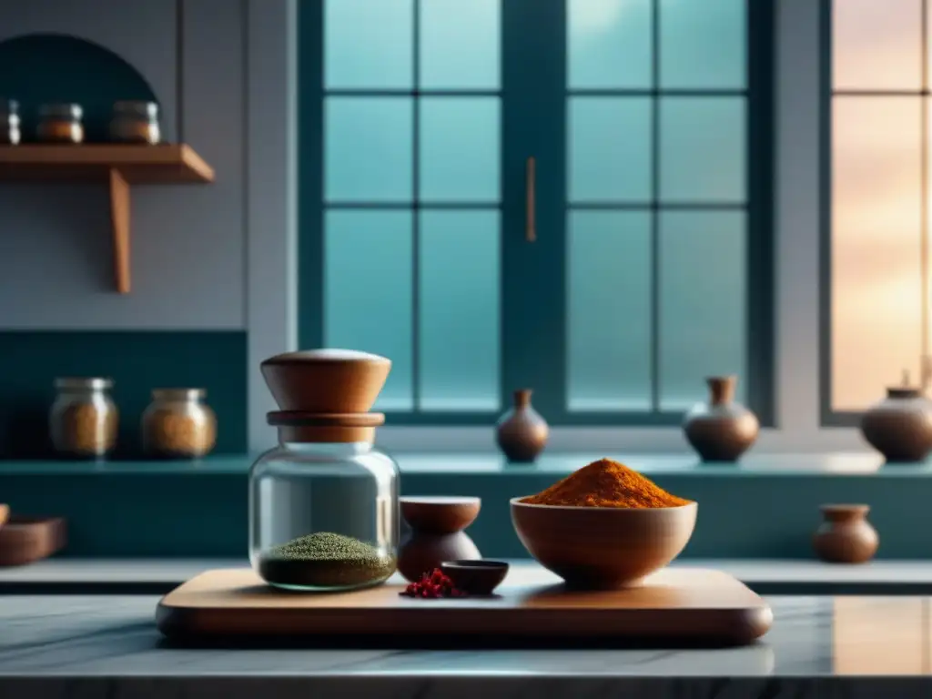 Escena serena de cocina ayurvédica en casa: especias coloridas, ingredientes frescos y armonía