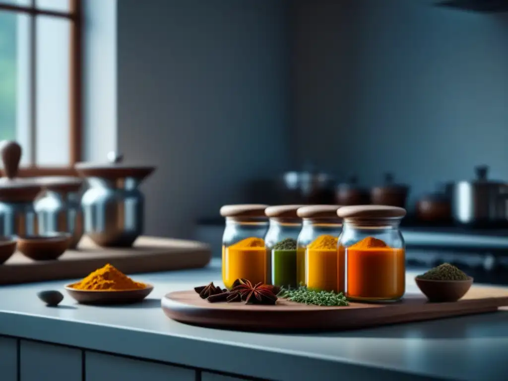 Cocina serena con especias Ayurveda vibrantes Escena serena de cocina ayurvédica en casa con especias vibrantes en tarros de vidrio, iluminada por luz natural suave
