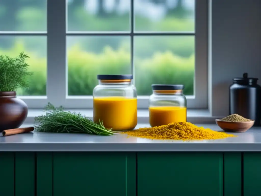 Escena serena de cocina con cúrcuma amarilla resaltando entre especias y hierbas verdes