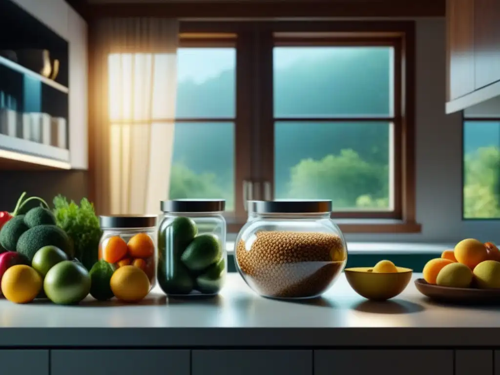 Escena serena en cocina minimalista con alimentos frescos organizados