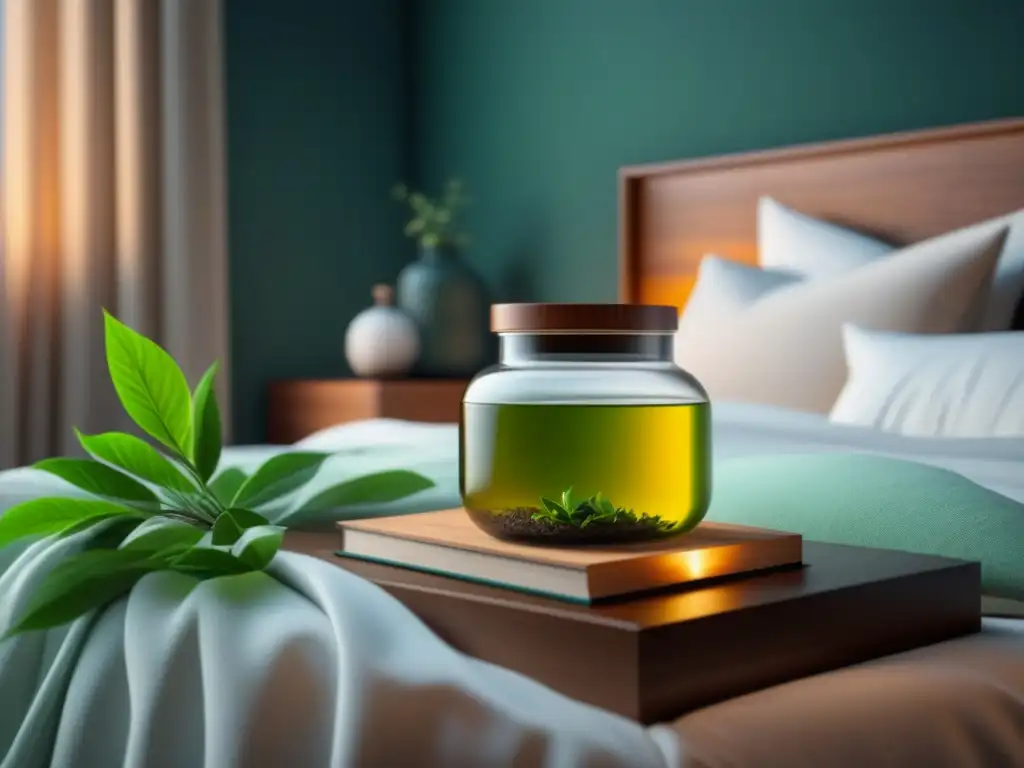 Tranquilidad en casa: jarra de té verde y libros de relajación Escena serena en dormitorio minimalista con jarra de té verde, libros y bata blanca