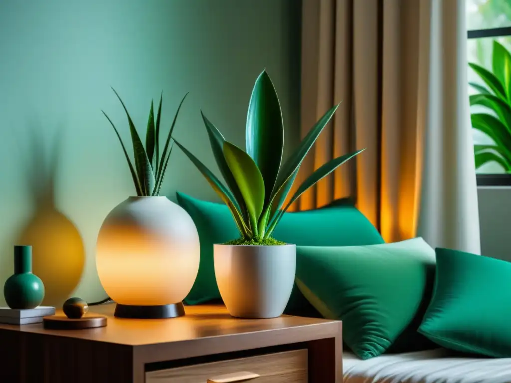 Tranquilidad verde: planta serpiente en dormitorio minimalista Escena serena en dormitorio con planta serpiente verde en maceta blanca