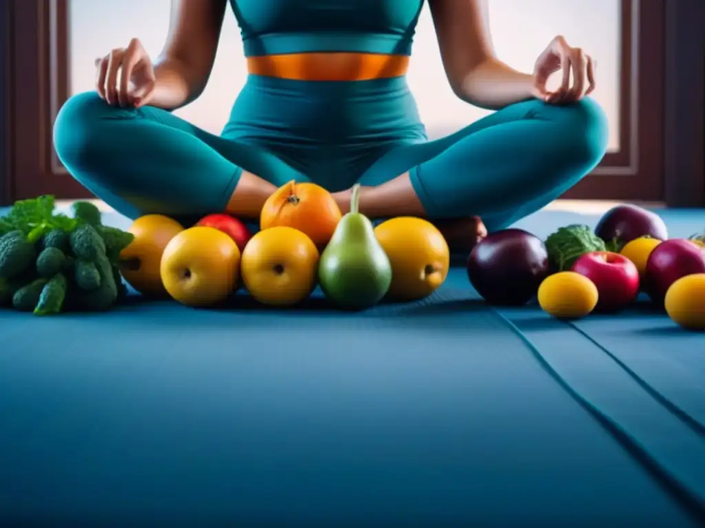 Armonía frutal: meditación con alimentos coloridos Una escena serena de meditación con frutas y verduras coloridas