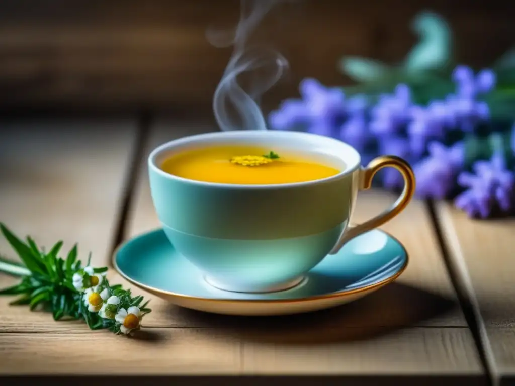 Taza de té de manzanilla en escena serena Una escena serena y minimalista con una taza blanca de té de manzanilla sobre una mesa de madera clara, acompañada de lavanda fresca
