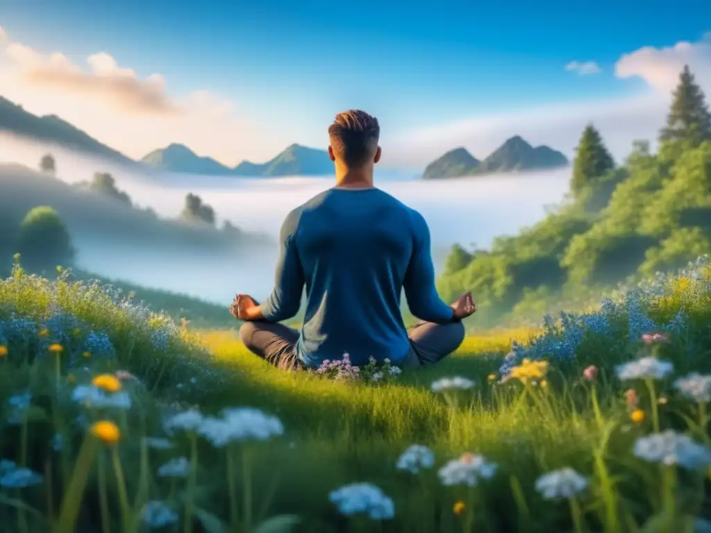 Meditación en pradera floreciente: armonía y serenidad Una escena serena de meditación en un prado, rodeado de flores silvestres y cielo azul