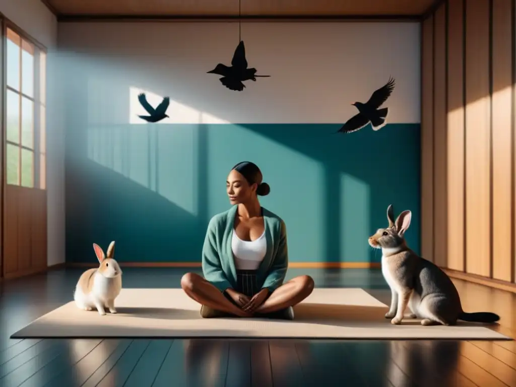 Terapia animal: conexión serena entre humanos y mascotas Una escena serena de un ser humano en conexión con un gato, un perro, un conejo y un pájaro
