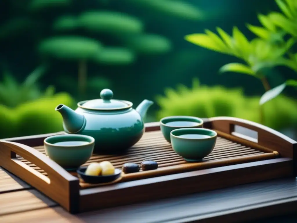 Armonía japonesa: set de té en jardín zen Una escena serena de un set de té japonés en un jardín tranquilo con bonsái y agua fluyendo