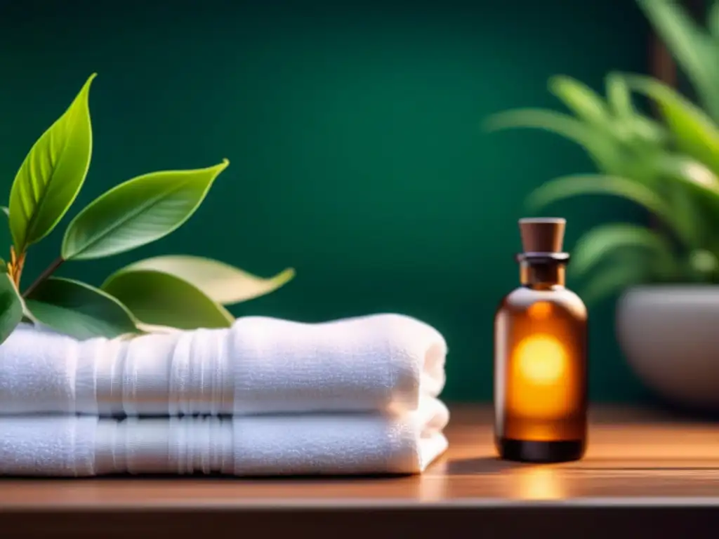 Tranquilidad aromática: Spa minimalista con difusor de aceites esenciales Escena serena en spa con difusor de aromaterapia, plantas verdes y toallas blancas