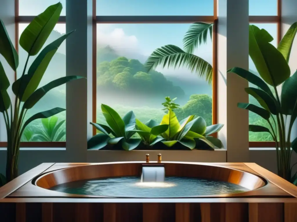 Refugio sereno: baño de madera con hojas de plátano flotantes Escena serena de spa con bañera de madera, agua tibia y hojas de plátano flotando