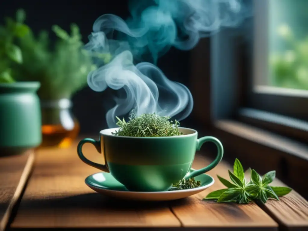 Infusión herbal relajante en taza: escena serena Escena serena de una taza de té con infusión herbal humeante sobre mesa de madera, con luz natural