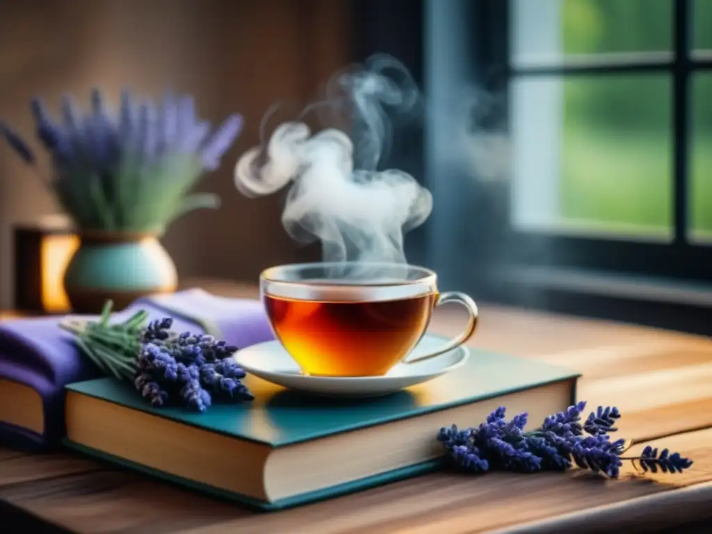 Infusión herbal: tranquilidad y armonía en la mañana Una escena serena con una taza humeante de infusión de hierbas rodeada de lavanda fresca y libros sobre remedios naturales