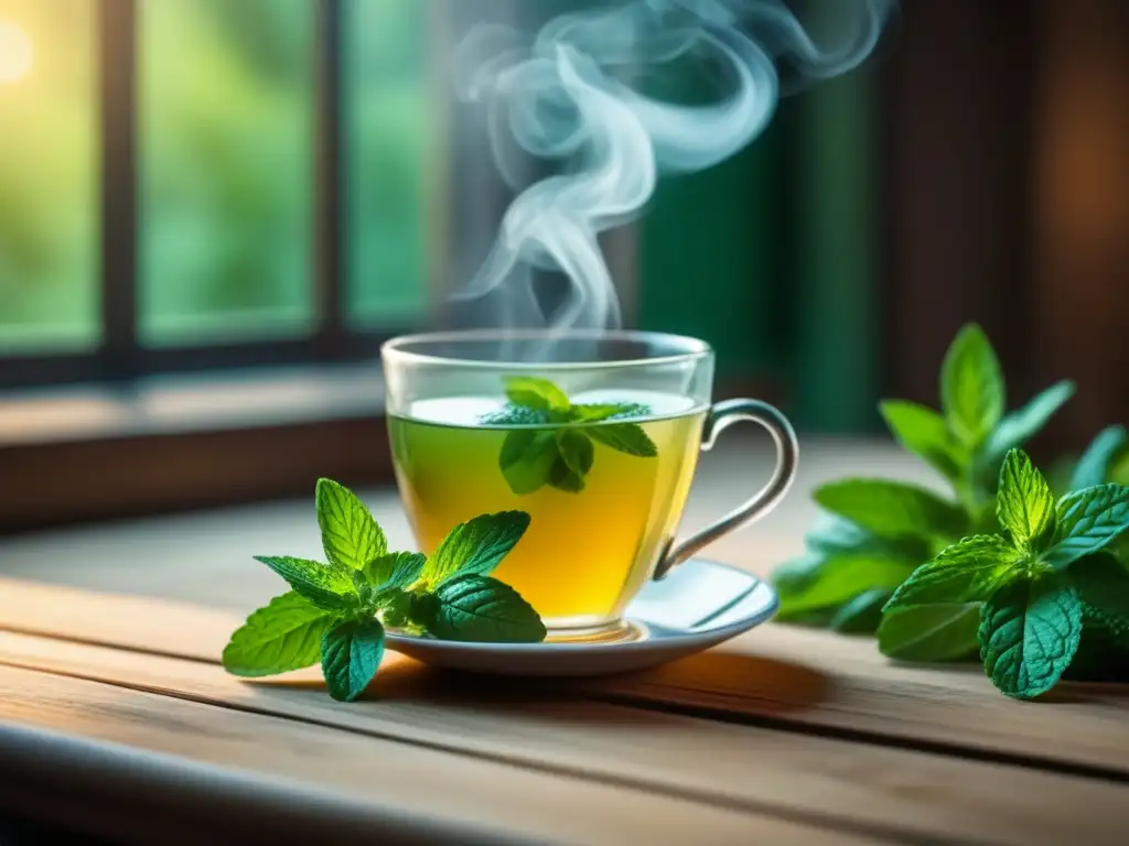 Relajación con té de menta: serenidad en verde Una escena serena con una taza humeante de té de menta sobre una mesa de madera, junto a hojas frescas de menta