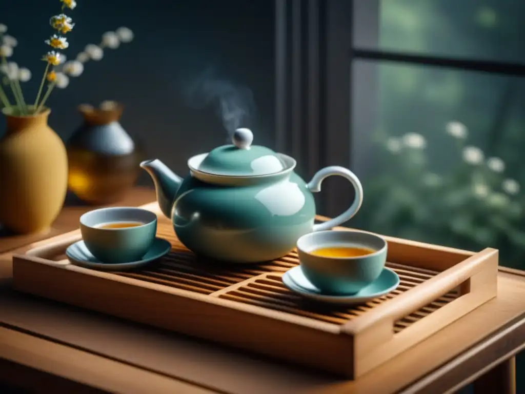 Escena serena de té con tetera y tazas de porcelana, tés calmantes para relajarse