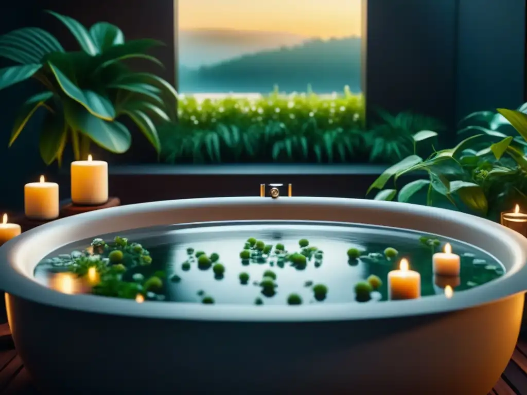 Spa de lujo con bañera de cardamomo y velas Escena de spa serena con bañera moderna llena de agua de cardamomo, velas y plantas