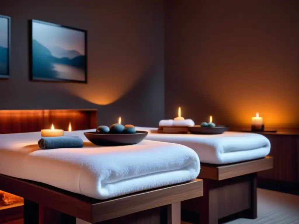 Escenario de spa sereno para parejas: masajes íntimos y relajantes Escena de spa serena con dos camillas de masaje juntas, toallas blancas esponjosas y una vela entre ellas