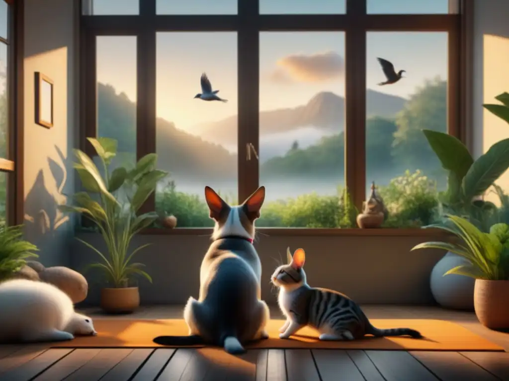 Armonía animal: conexión y paz en ambiente acogedor Una escena tranquila y armoniosa de personas y animales en una habitación soleada y acogedora