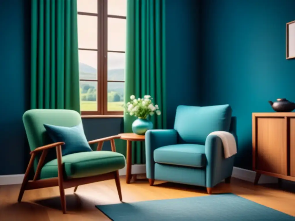 Escena tranquila con beneficios cromoterapia para relajación en habitación serena en tonos azules y verdes, con luz solar y elementos acogedores