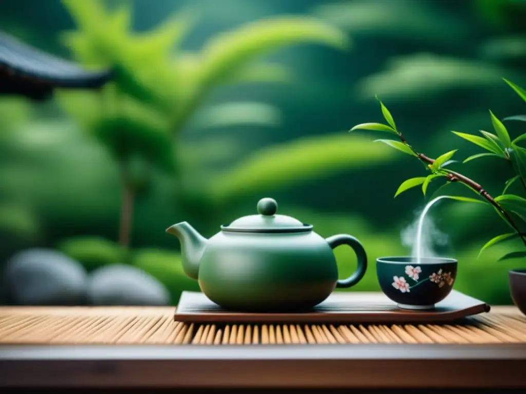 Ritual de té japonés: Paz y serenidad en la ceremonia del té Una escena tranquila de una ceremonia de té: un delicado juego de té de porcelana vertiendo té verde humeante en una taza perfectamente elaborada, rodeado de hojas frescas de té verde, un batidor de bambú, y un sereno jardín japonés con un estanque de carpas koi