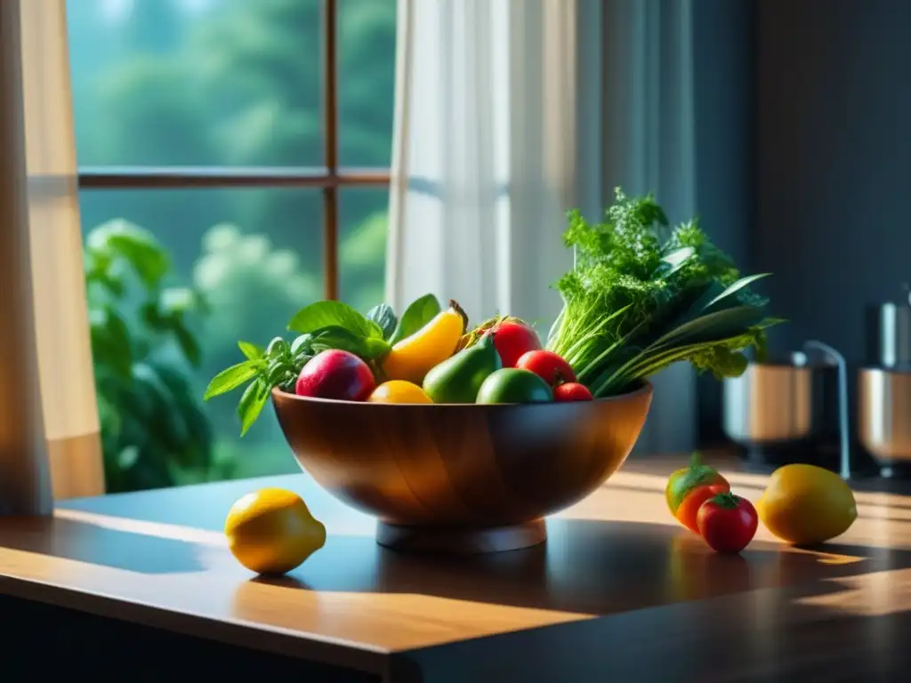 Encantadora cocina minimalista con frutas y verduras frescas Escena tranquila en cocina minimalista con frutas, verduras, hierbas y exprimidor de vidrio