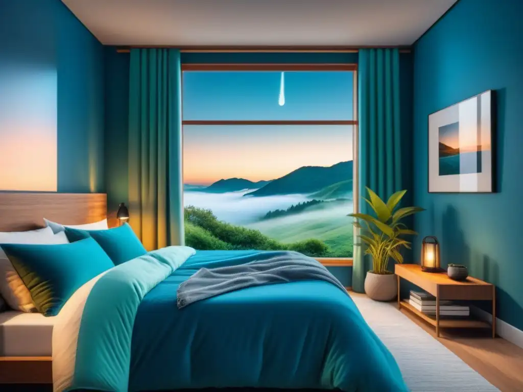 Sereno dormitorio minimalista con iluminación inteligente en tonos azules y verdes Escena tranquila en dormitorio con luces inteligentes para relajación en casa