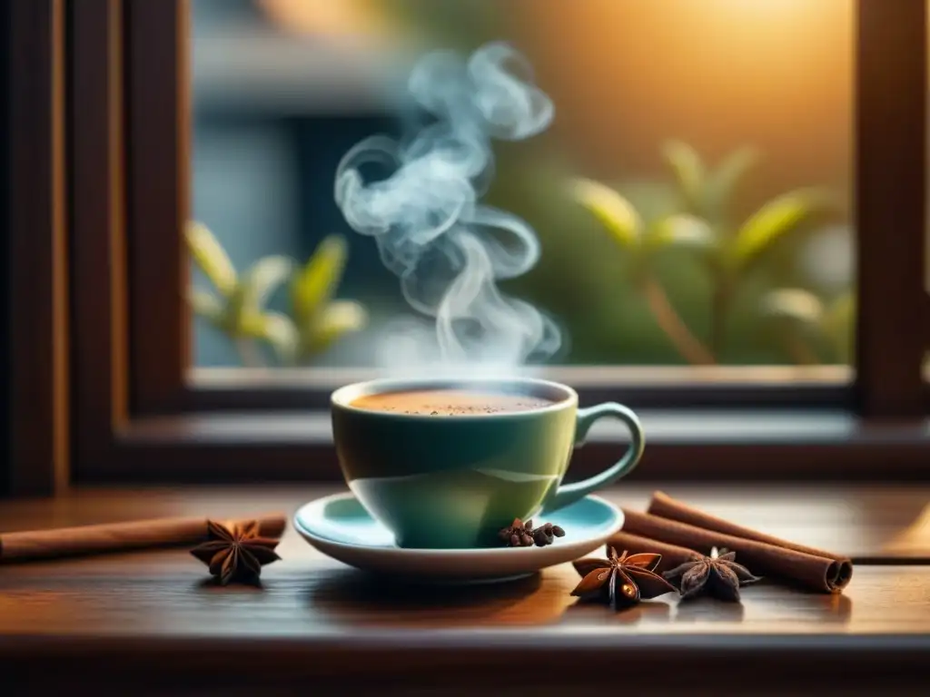 Relajante taza de chai con especias en mesa de madera Escena tranquila de una taza humeante de té chai rodeada de especias enteras en una mesa de madera