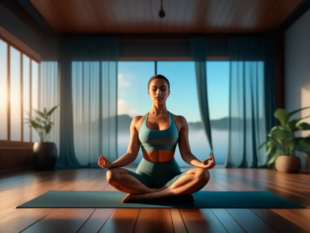 Estudio de yoga al amanecer: paz y fortaleza en 8k Escena de yoga al amanecer con relajación profunda en casa