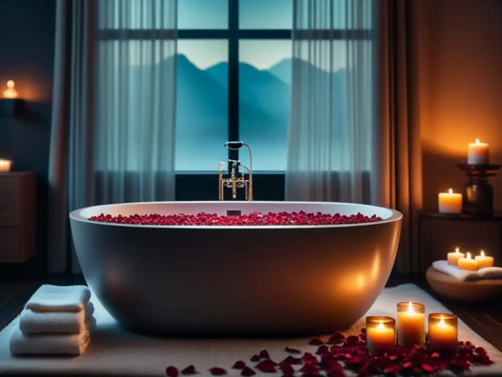 Spa en Casa: Baño de Relajación con Velas y Pétalos de Rosa Escenario hogareño de spa: bañera, velas, toallas y aceites esenciales