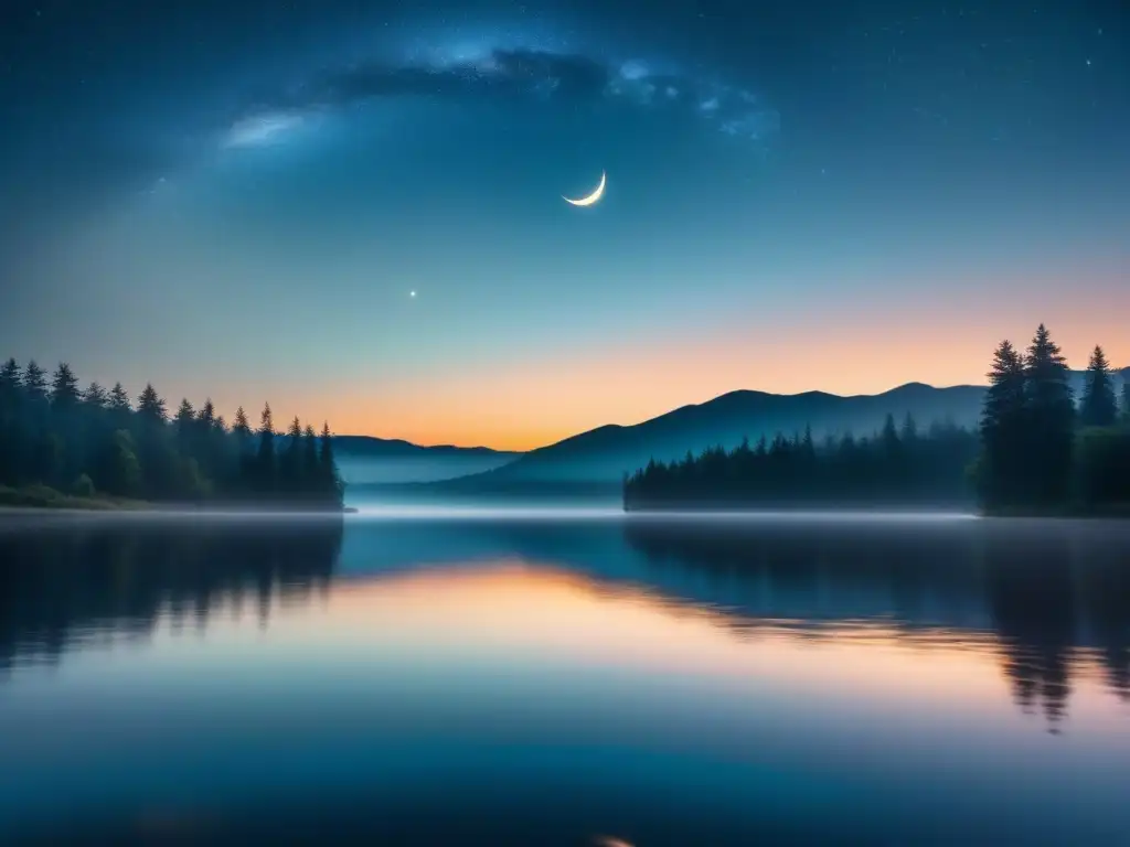 Tranquilidad nocturna: luna creciente sobre agua serena Un escenario nocturno sereno con una luna creciente brillando sobre un lago tranquilo